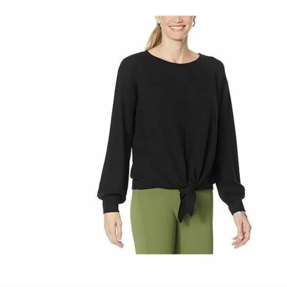 TAHARI ASL BLACK LONG SLEEVE BLOUSE TIE WAIST KEYHOLE BACK XSMALL